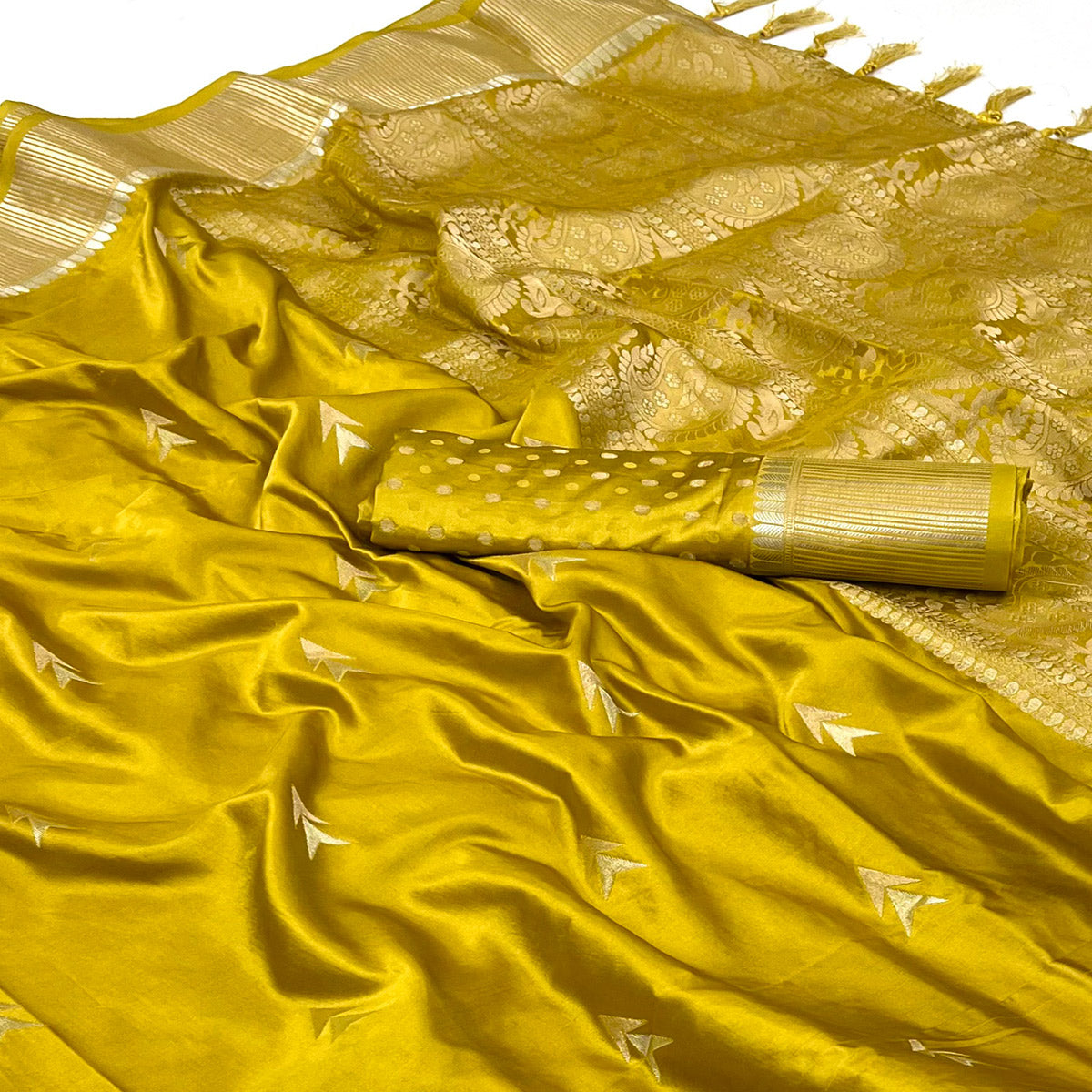 Lemon Yellow Woven Satin Silk Saree With Tassels