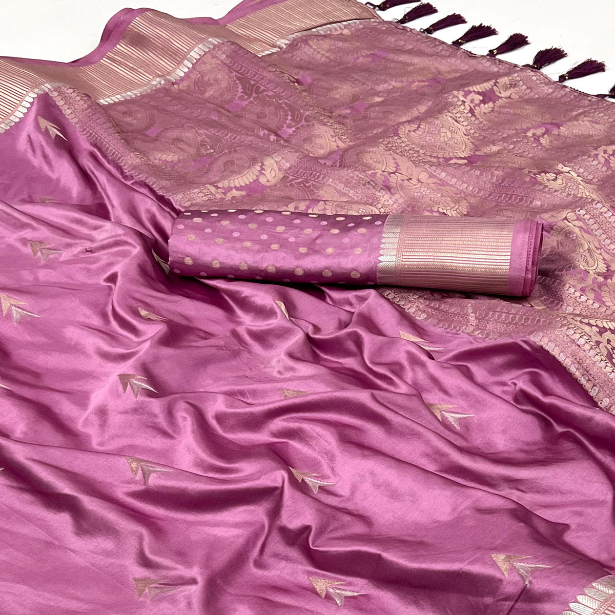 Pink Woven Satin Silk Saree With Tassels