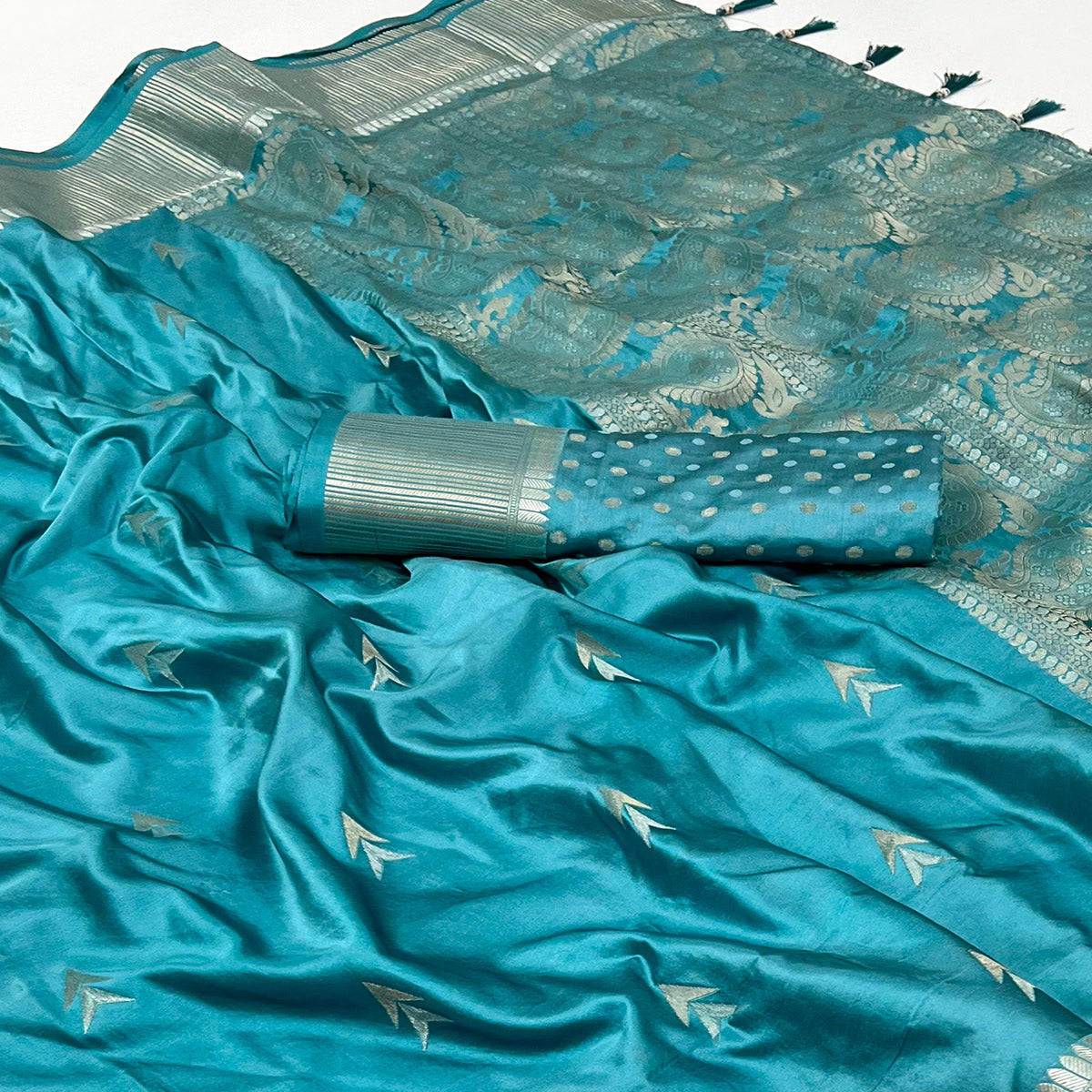 Blue Woven Satin Silk Saree With Tassels