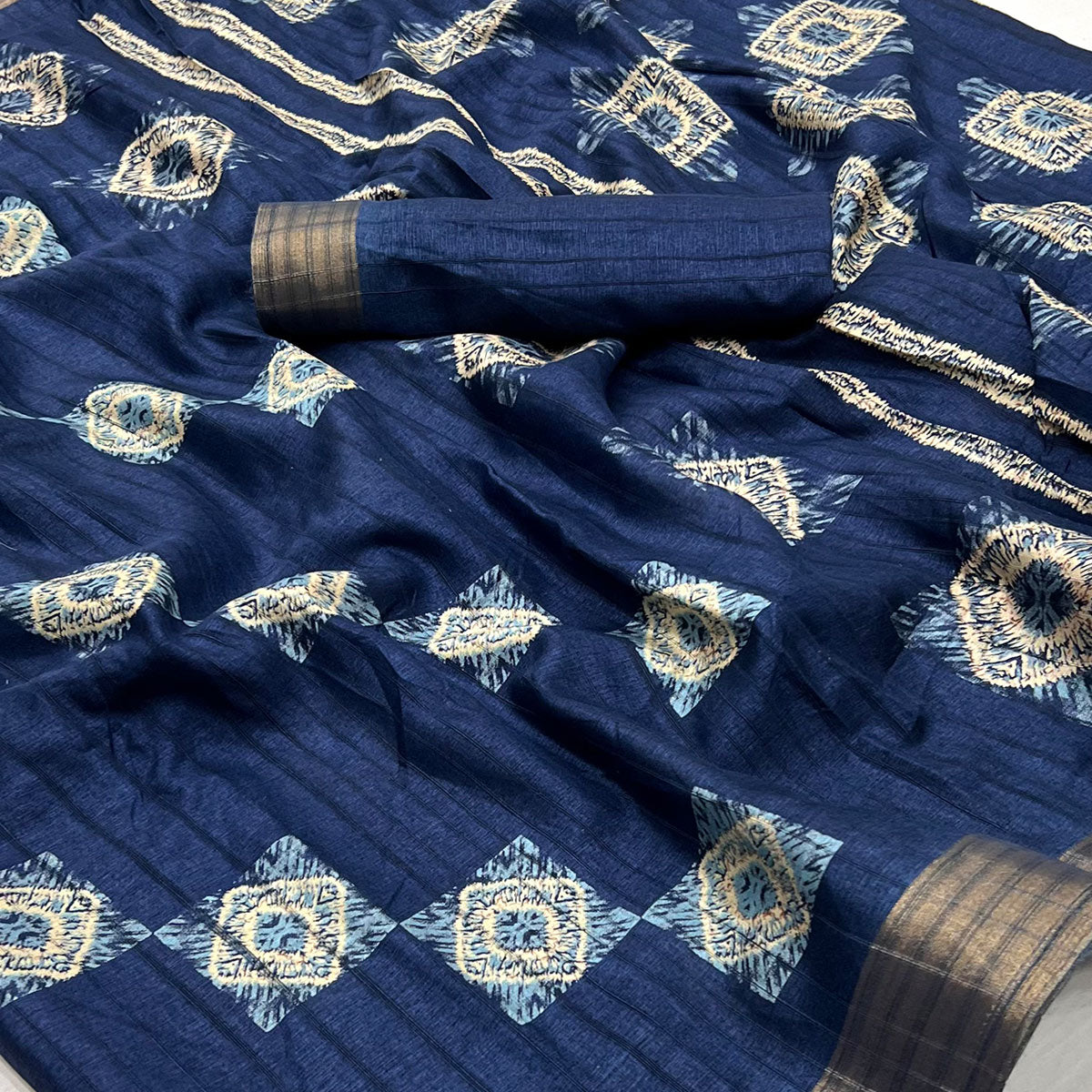 Blue Printed Cotton Blend Saree With Zari Border