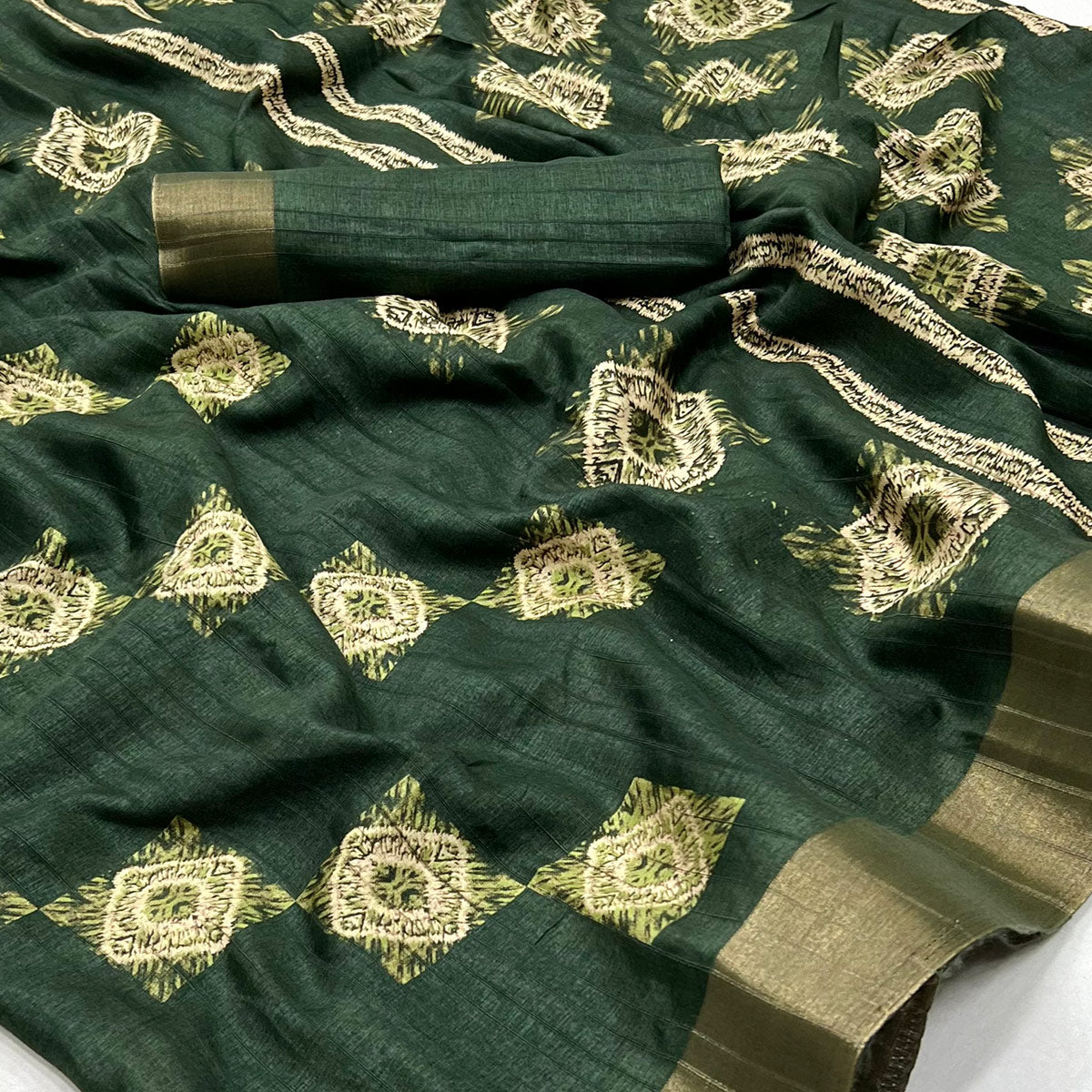 Bottle Green Printed Cotton Blend Saree With Zari Border