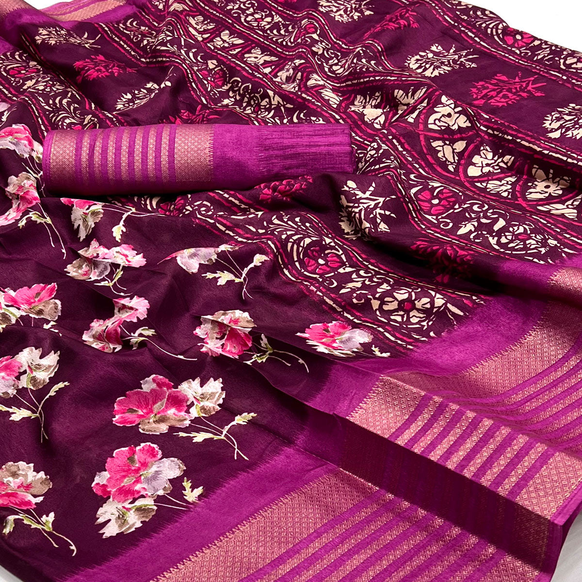 Wine Floral Printed Dola Silk Saree With Woven Border
