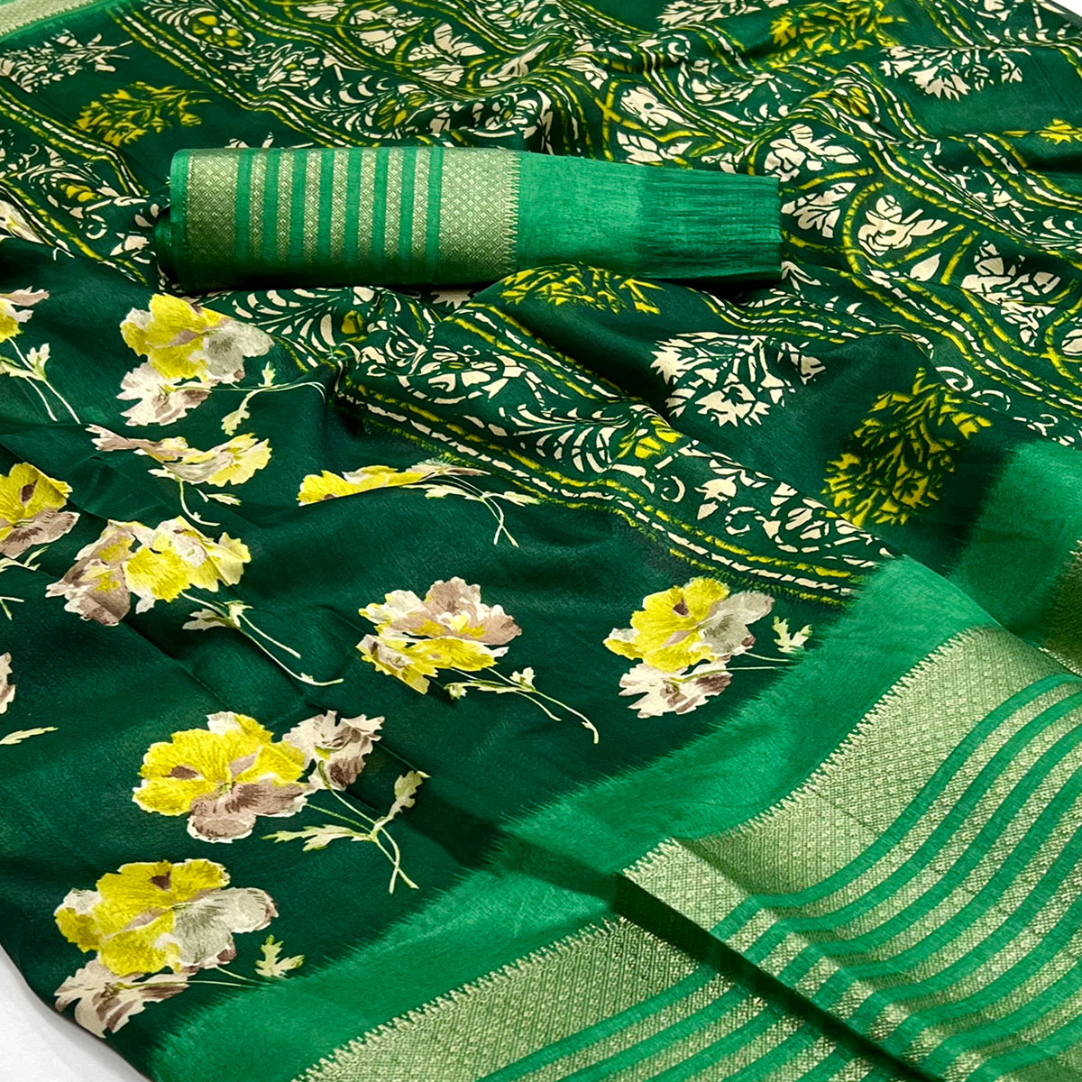 Green Floral Printed Dola Silk Saree With Woven Border