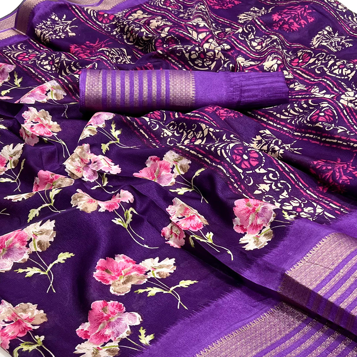 Purple Floral Printed Dola Silk Saree With Woven Border