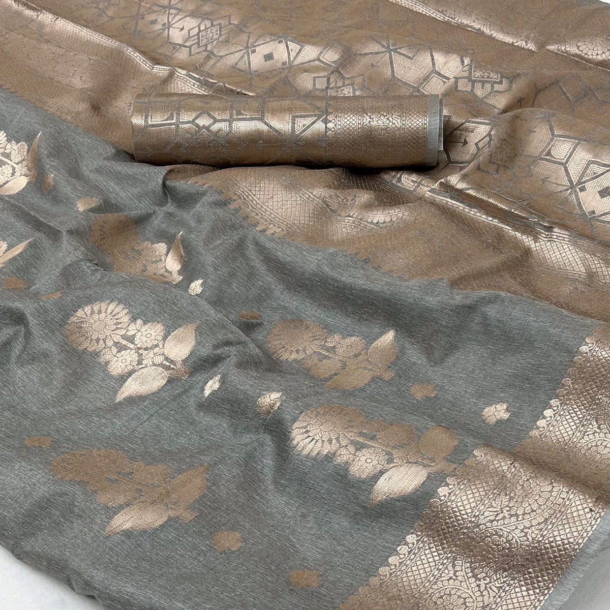 Grey Floral Woven Georgette Saree