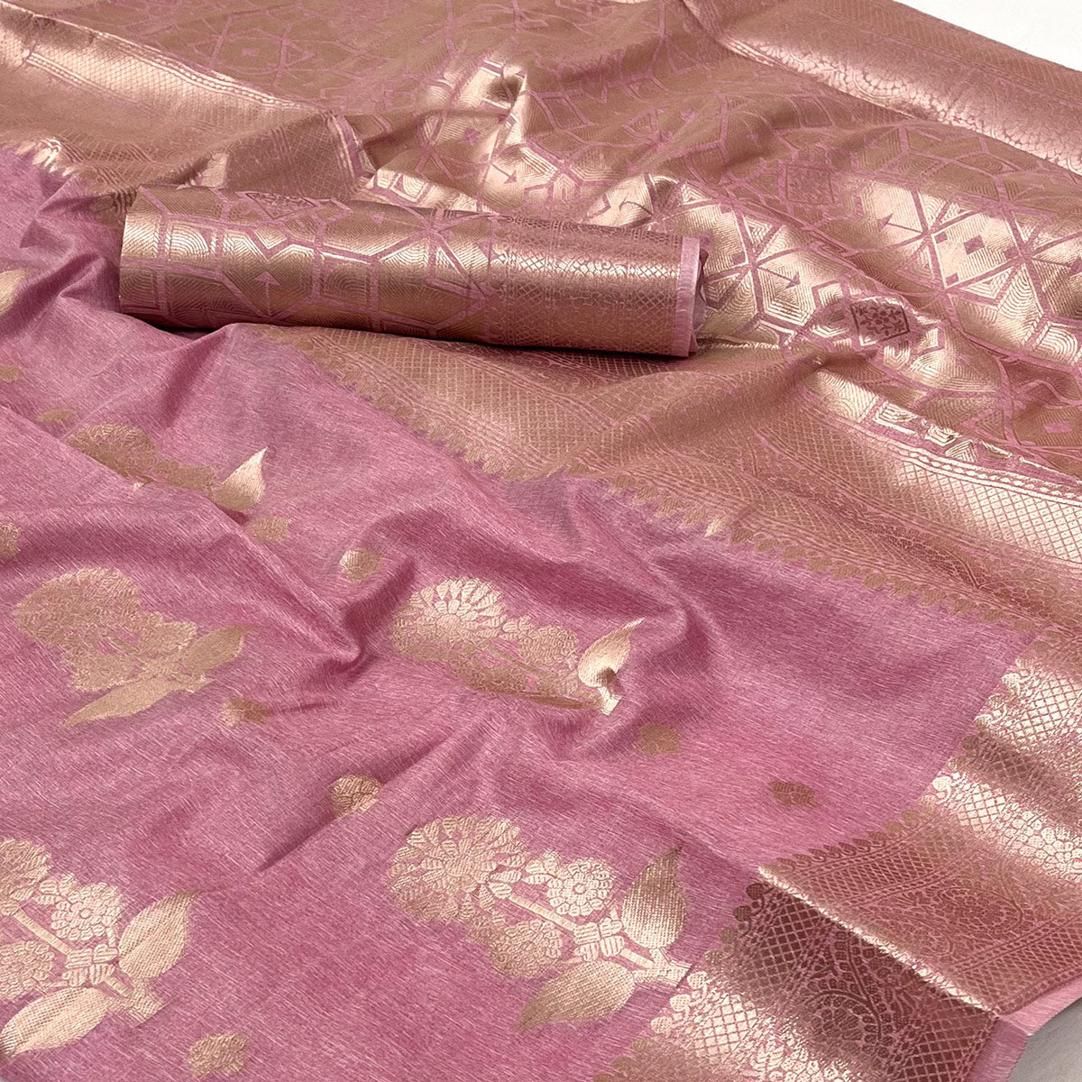 Pink Floral Woven Georgette Saree