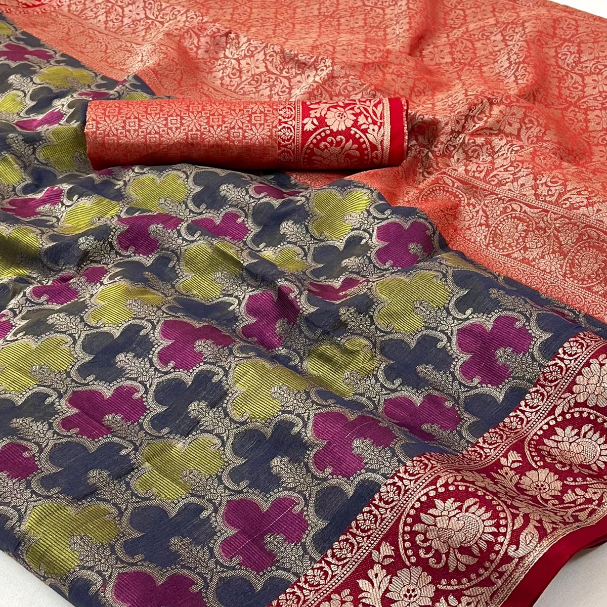 Blue & Red Floral Woven Organza Saree