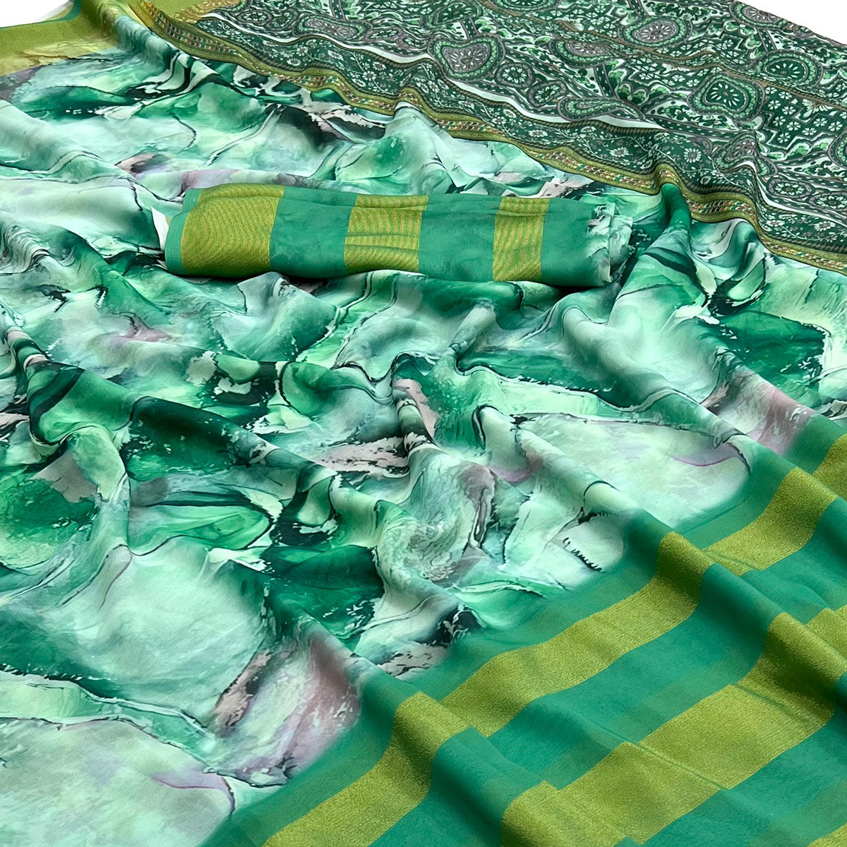 Rama Green Digital Printed Viscose Saree