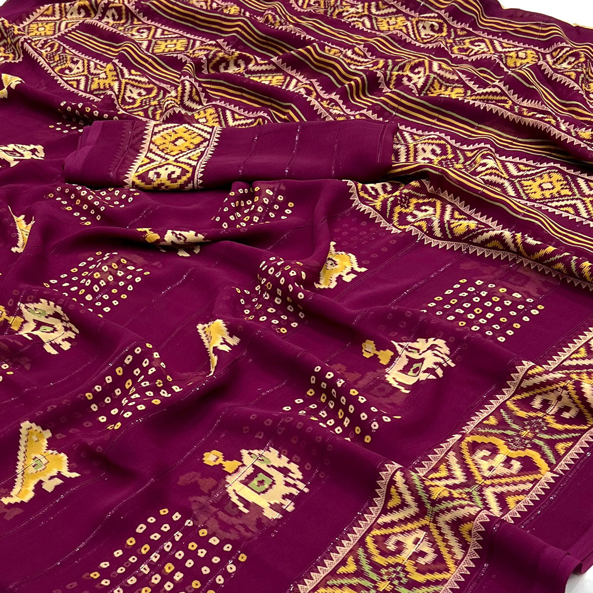 Wine Bandhani Printed With Sequins Work Georgette Saree