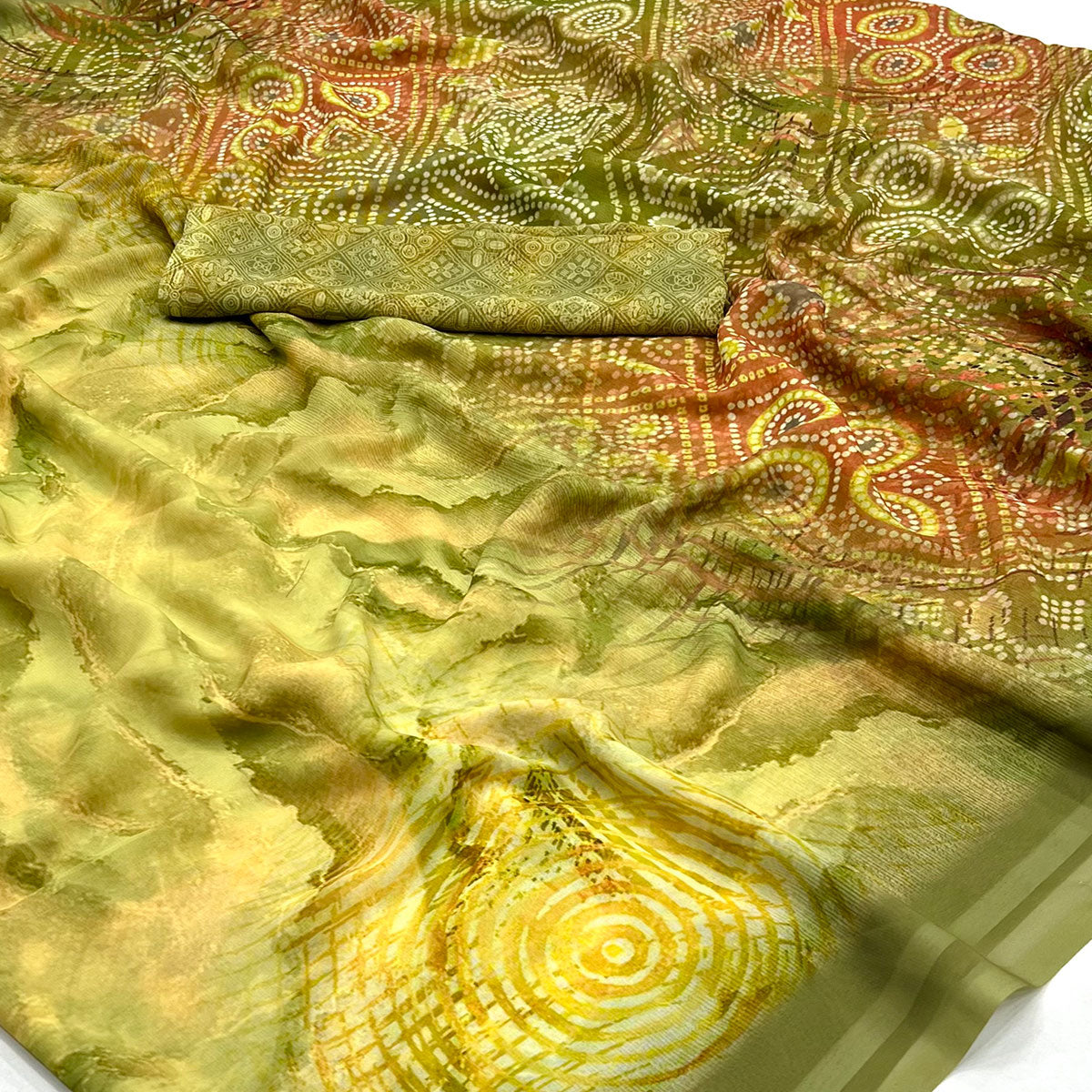 Green Bandhani Digital Printed Georgette Saree