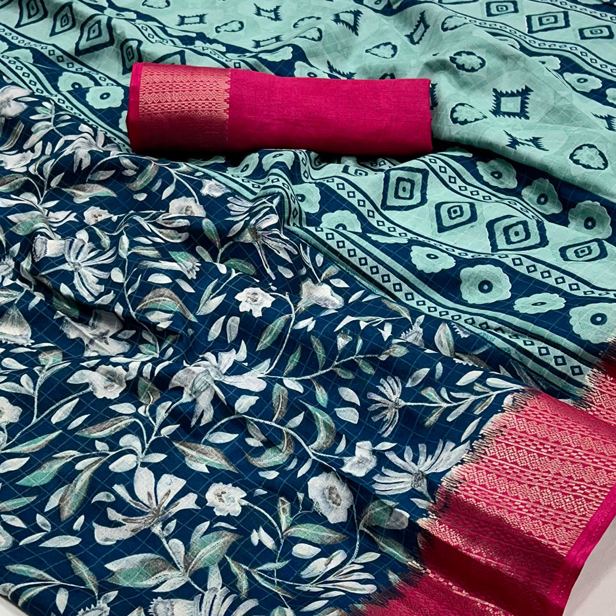 Blue Floral Printed Dola Silk Saree With Woven Border