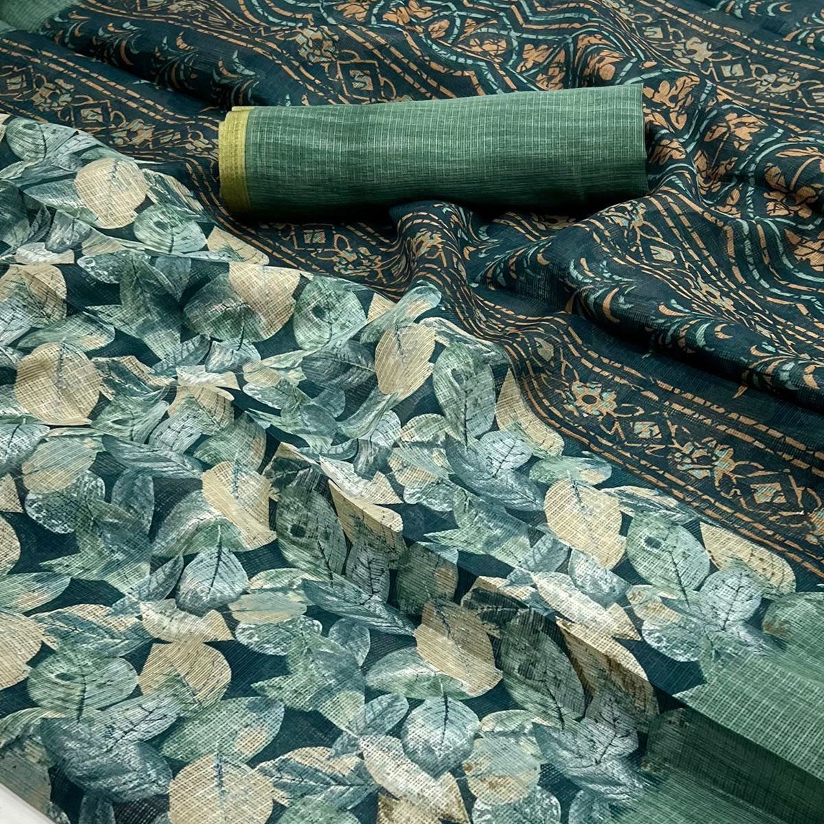 Green Digital Printed Cotton Blend Saree