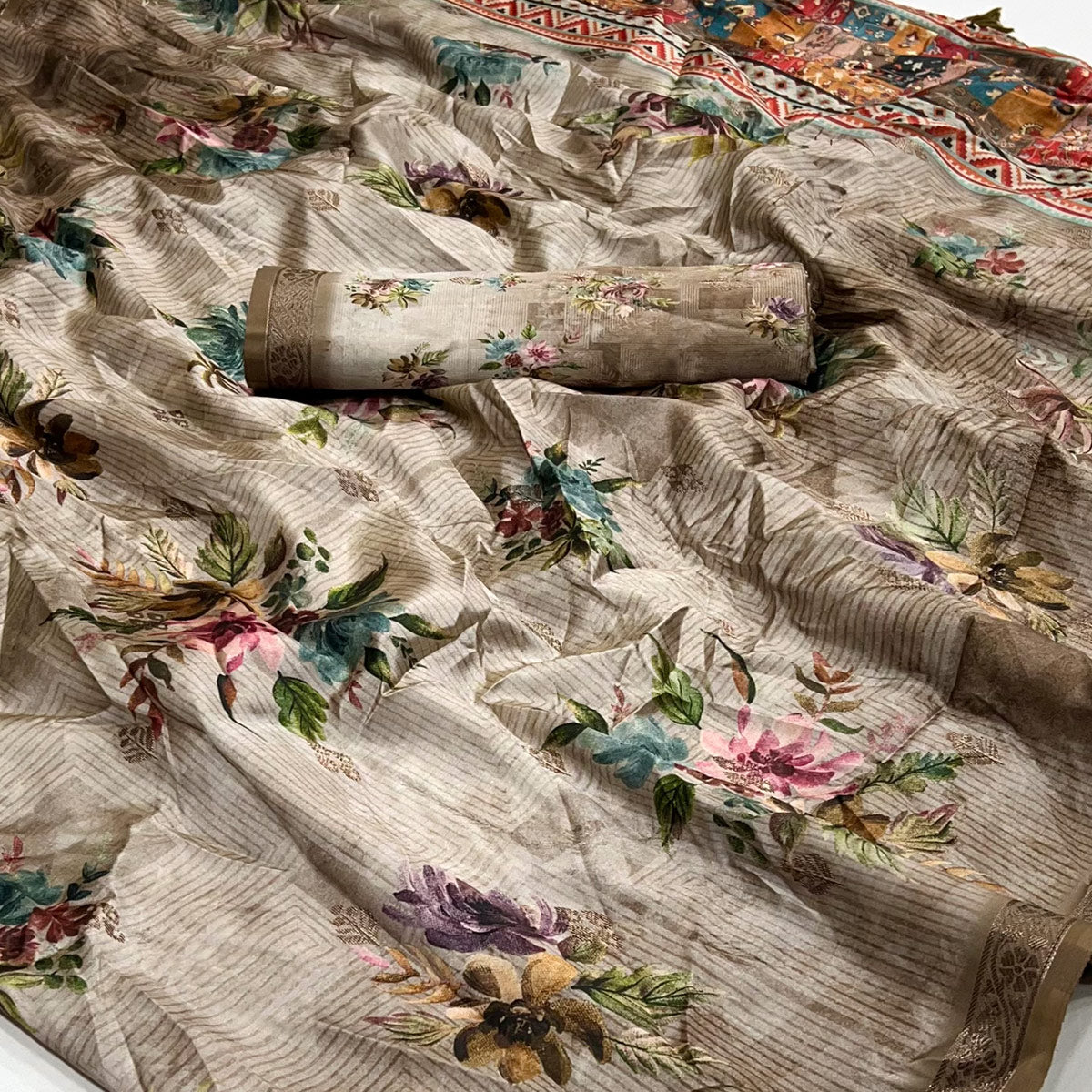 Brown Floral Digital Printed Cotton Silk Saree With Zari Border