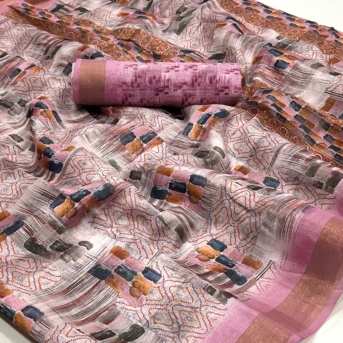 Pink Digital Printed Cotton Blend Saree With Woven Border