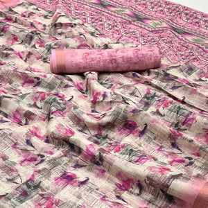 Pink Floral Digital Printed Cotton Blend Saree With Woven Border