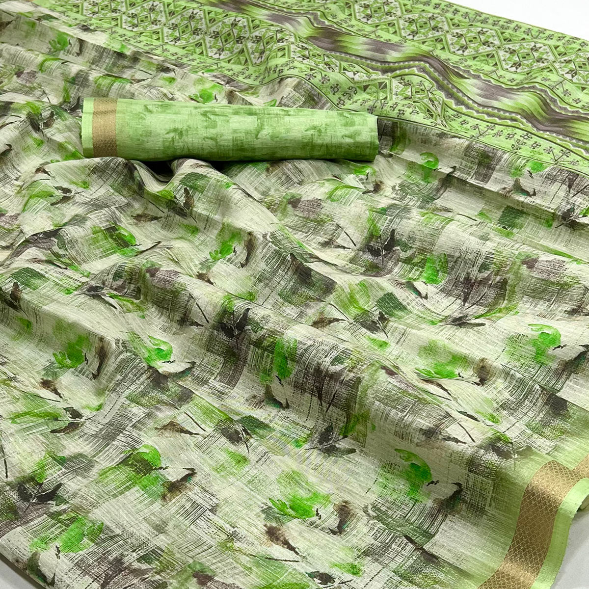 Green Floral Digital Printed Cotton Blend Saree With Woven Border