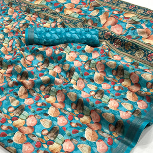 Blue Digital Printed Cotton Blend Saree With Woven Border