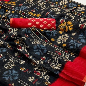 Black Printed Kota Doria Saree With Woven Border