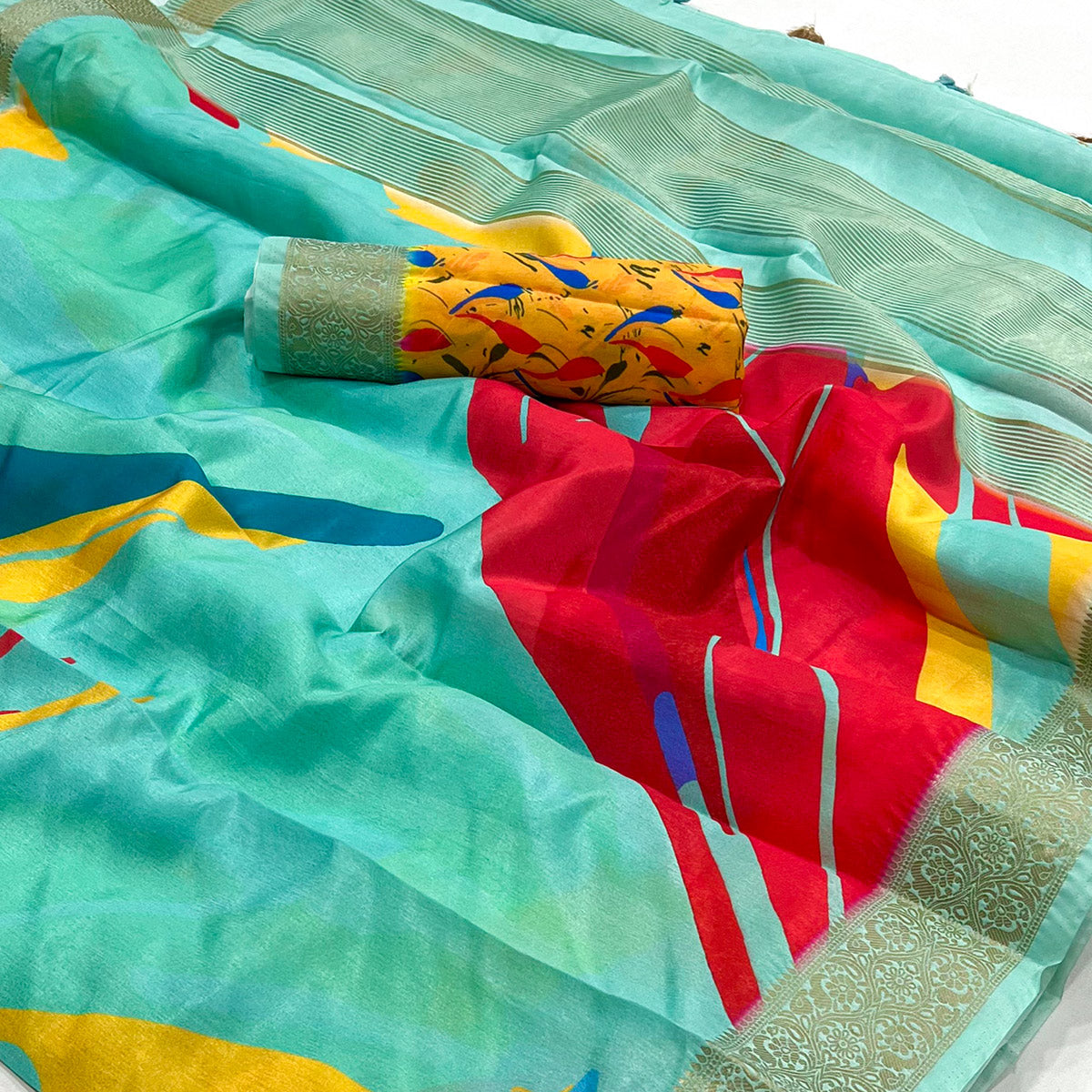 Turquoise Digital Printed Dola Silk Saree With Woven Border