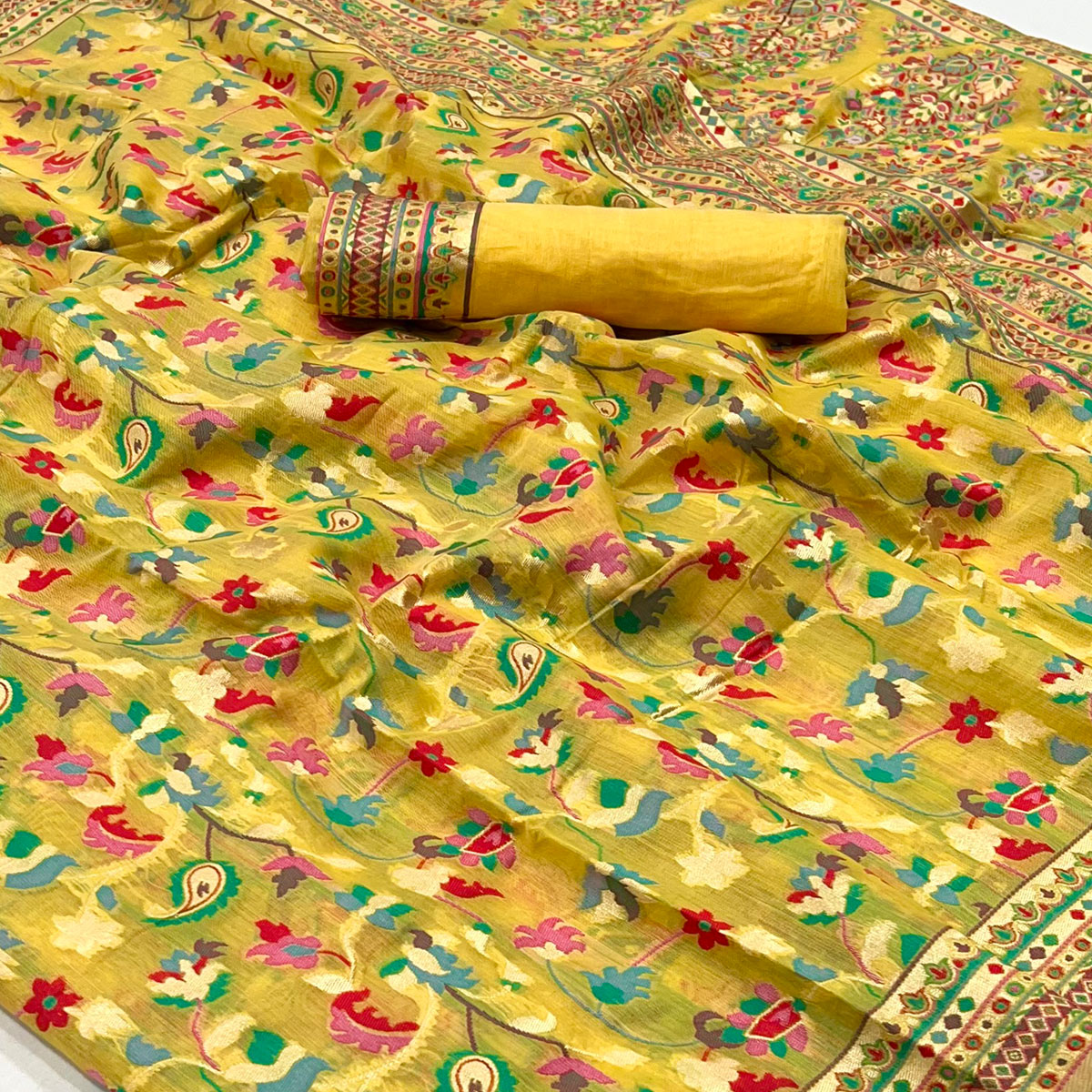 Yellow Floral Woven Cotton Blend Saree