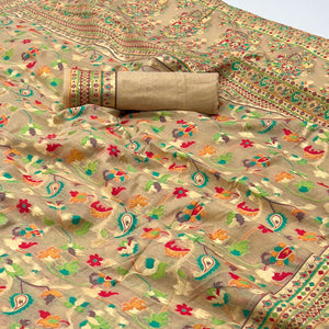 Chikoo Floral Woven Cotton Blend Saree