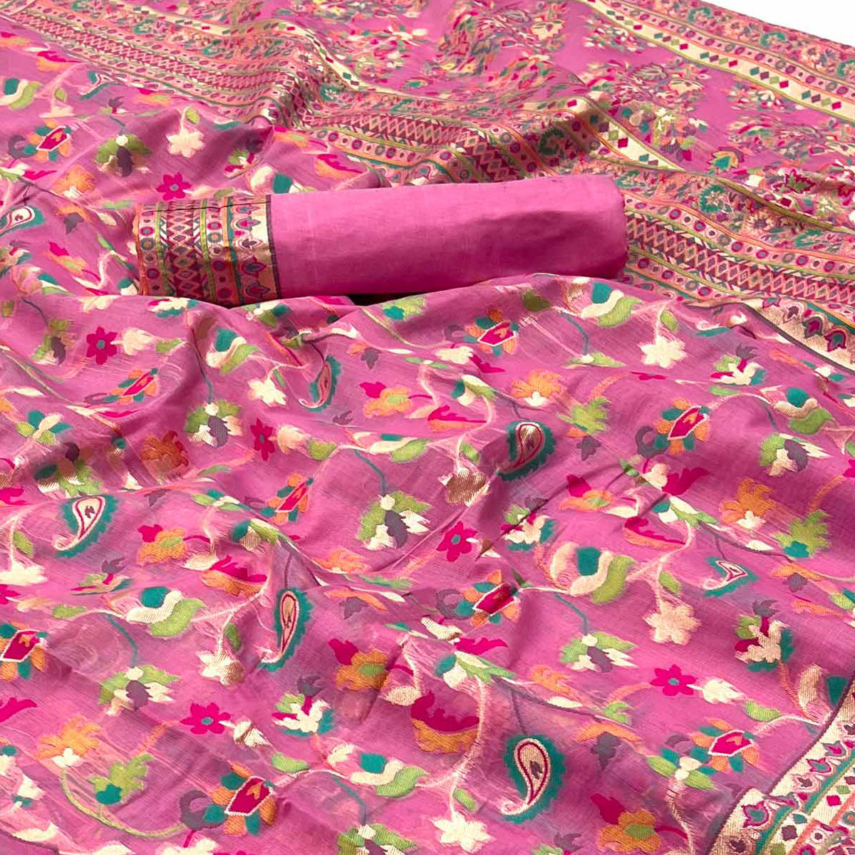 Pink Floral Woven Cotton Blend Saree