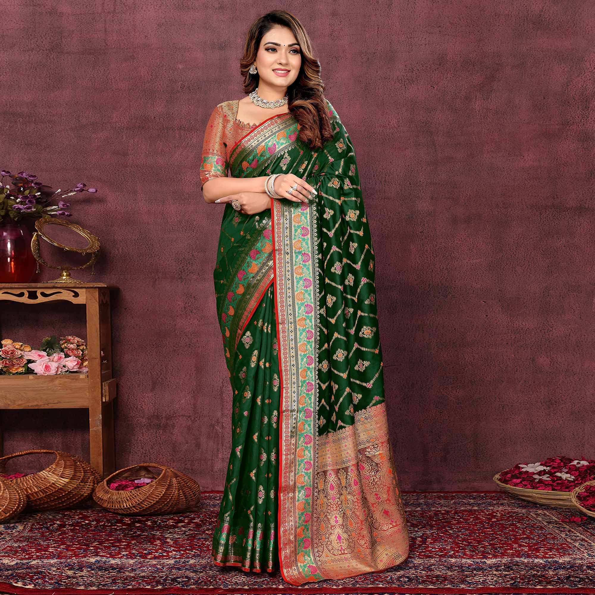 Bottle Green Flora Woven Art Silk Saree