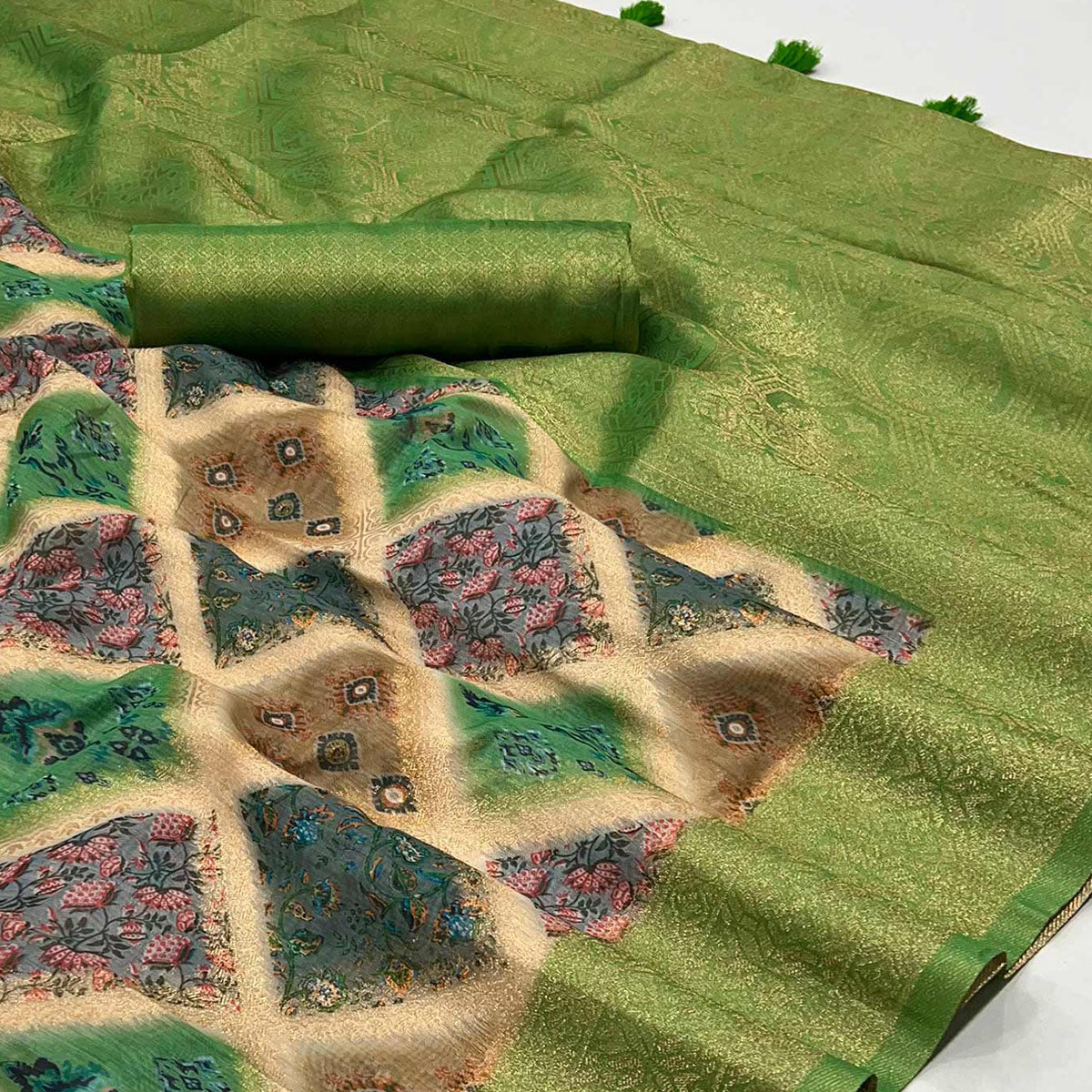Green Woven With Floral Digital Printed Cotton Saree
