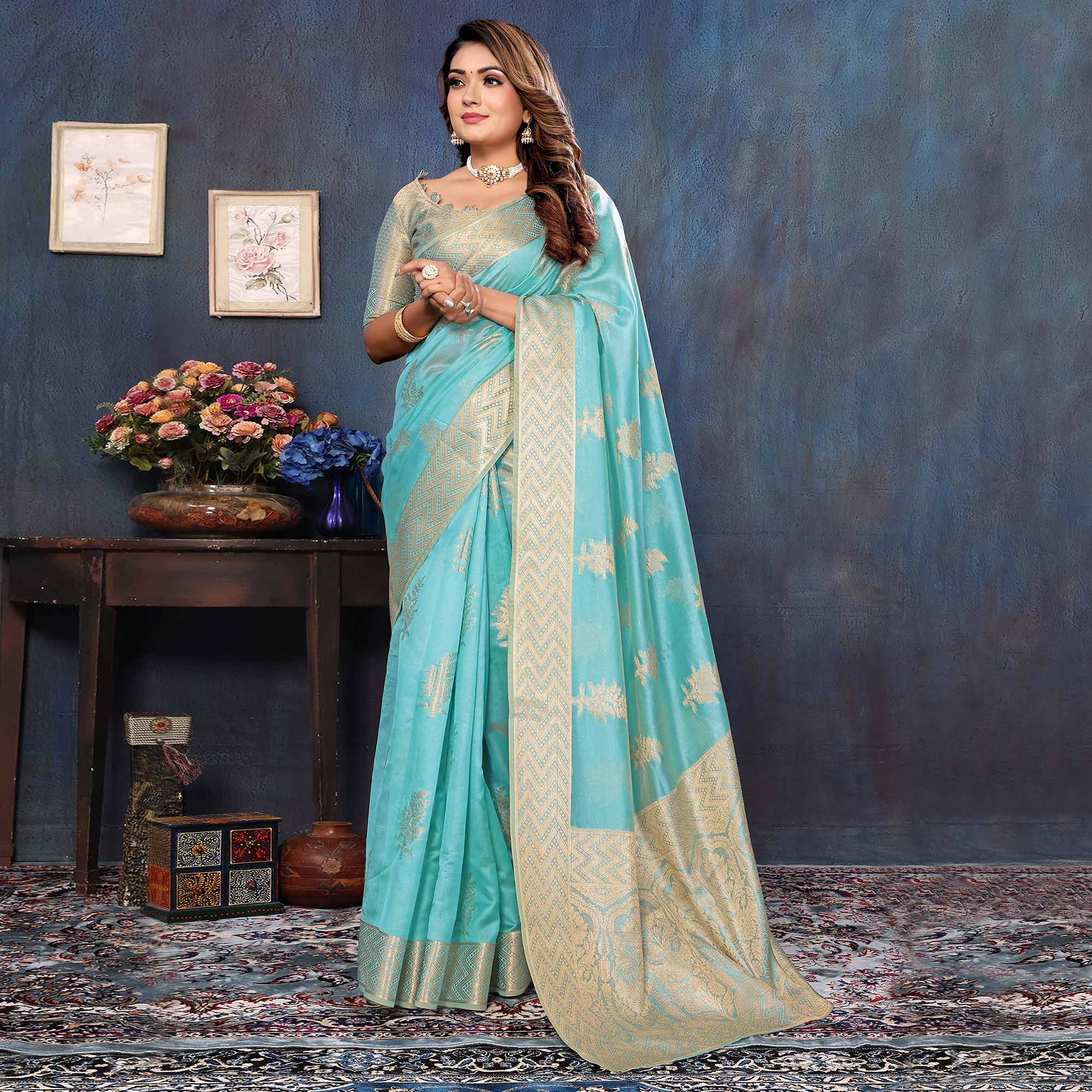 Blue Floral Woven Organza Saree