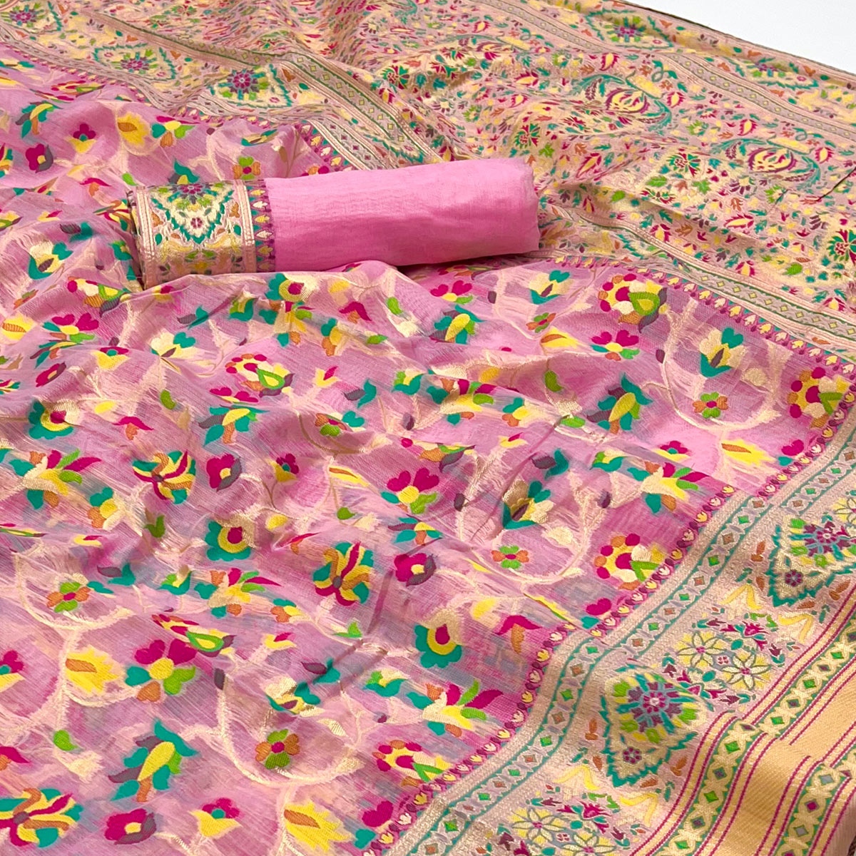 Pink Floral Woven Cotton Blend Saree