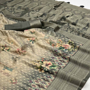 Grey Woven With Floral Digital Printed Georgette Saree
