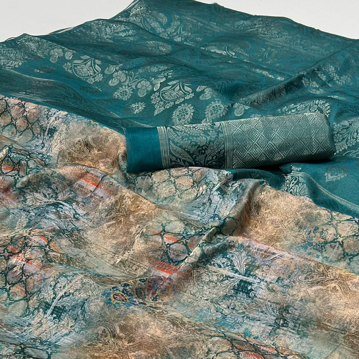 Teal Woven With Digital Printed Art Silk Saree