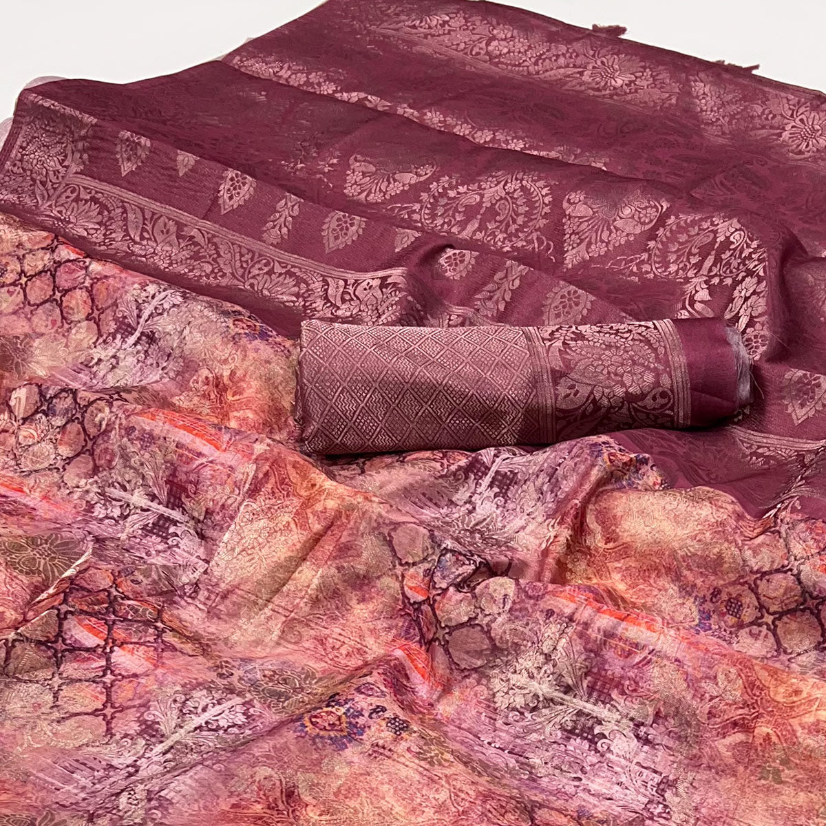 Pink Woven With Digital Printed Art Silk Saree