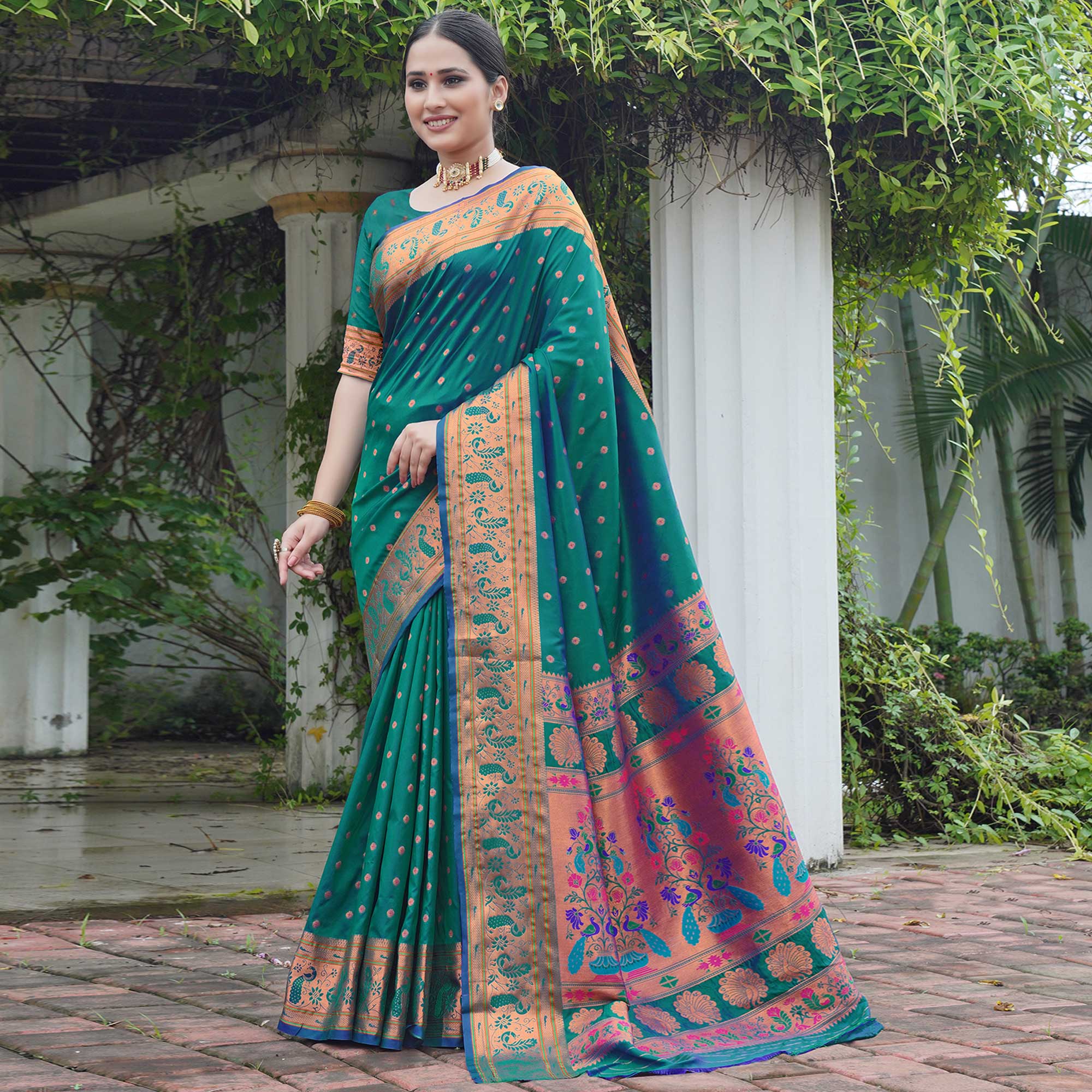 Rama Green Woven Paithani Art Silk Saree