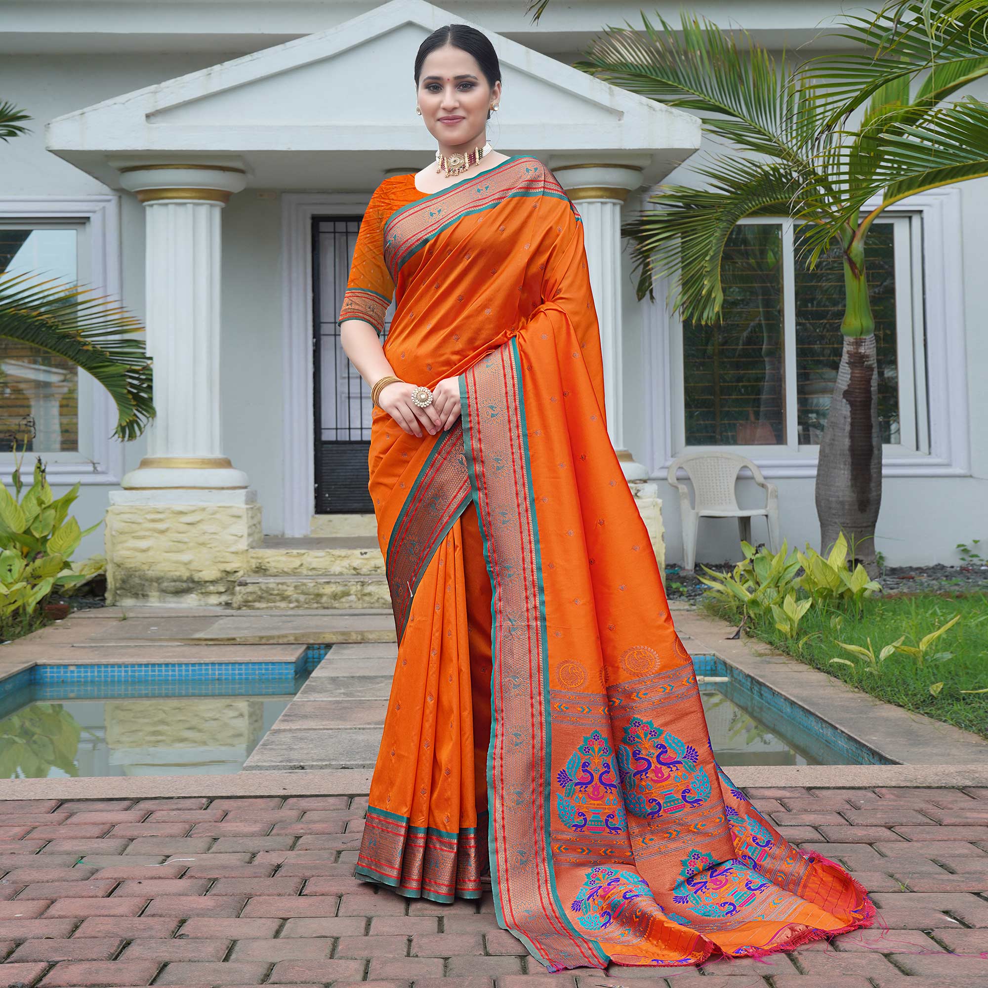 Orange Woven Paithani Art Silk Saree