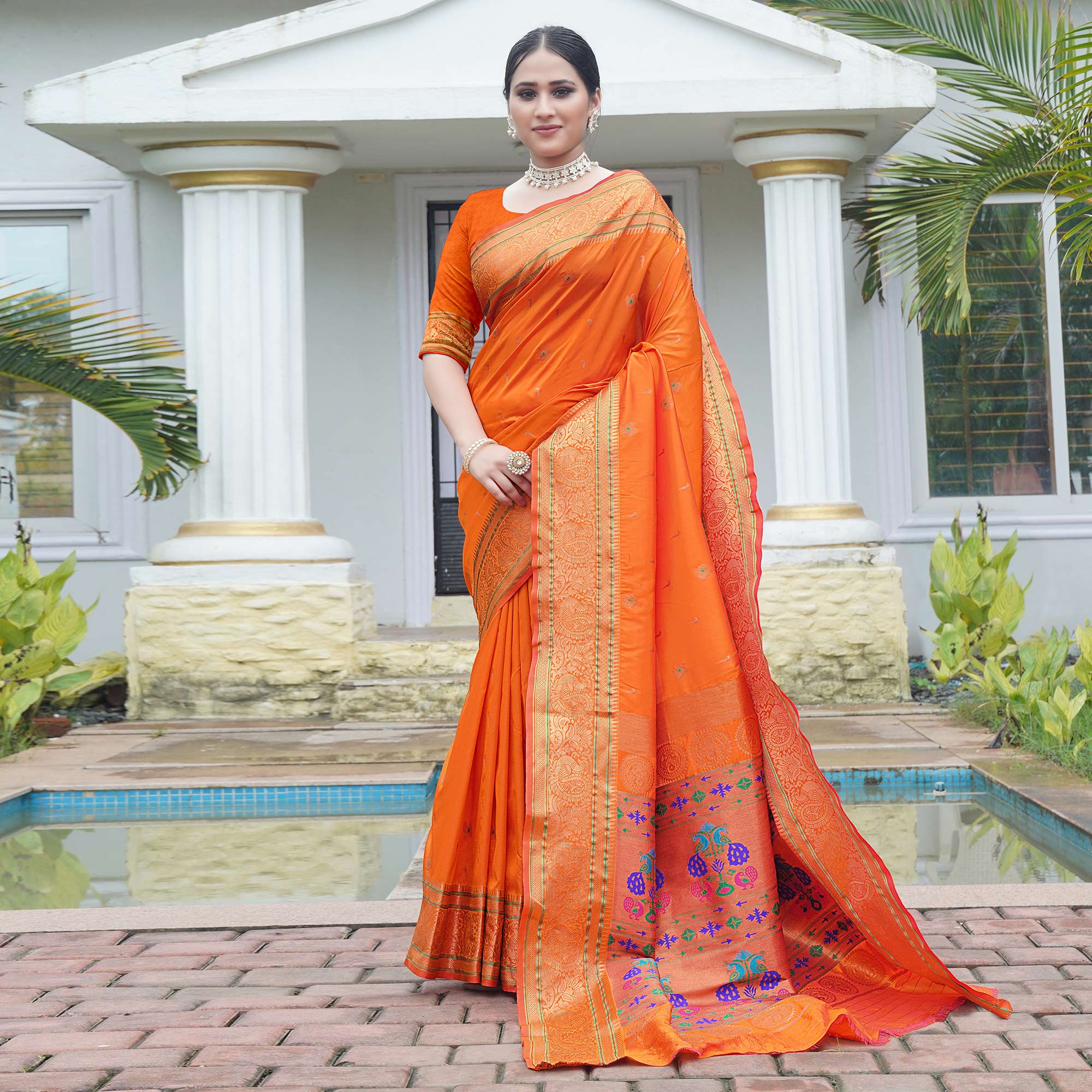 Orange Woven Paithani Art Silk Saree