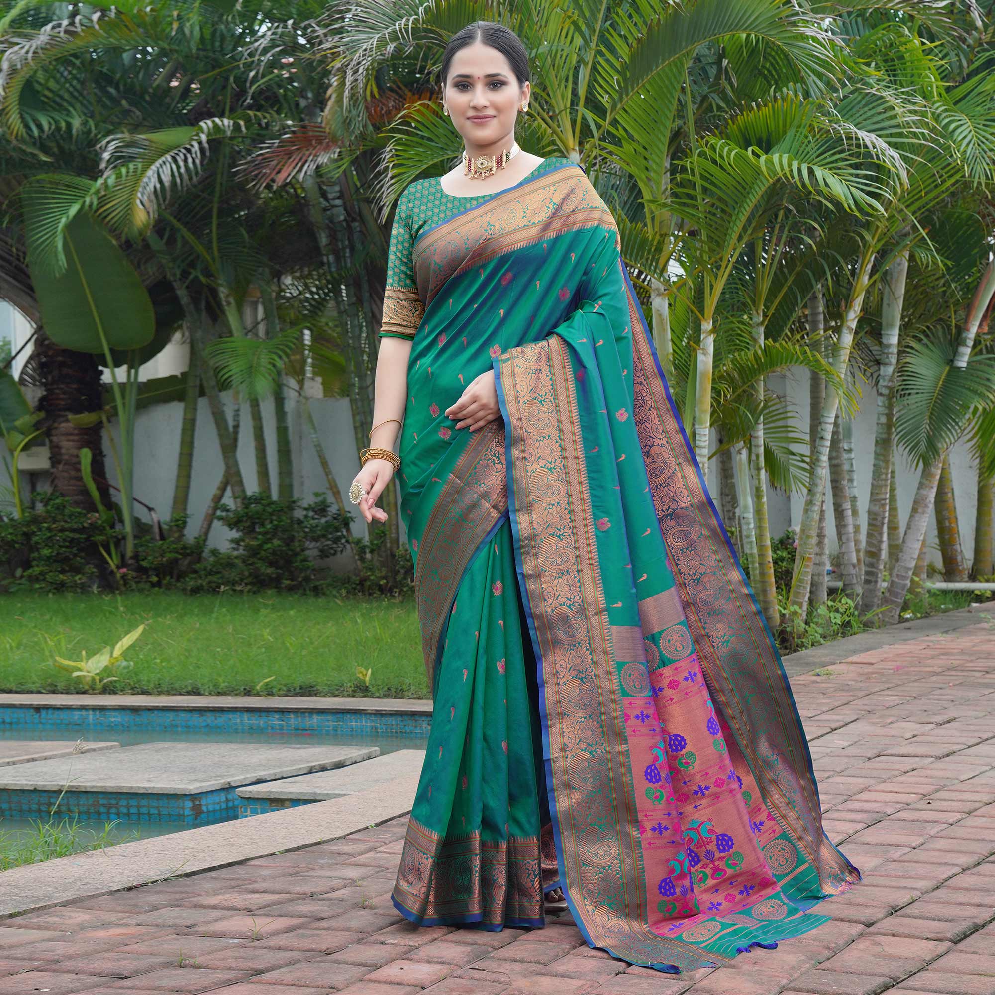 Rama Green Woven Paithani Art Silk Saree