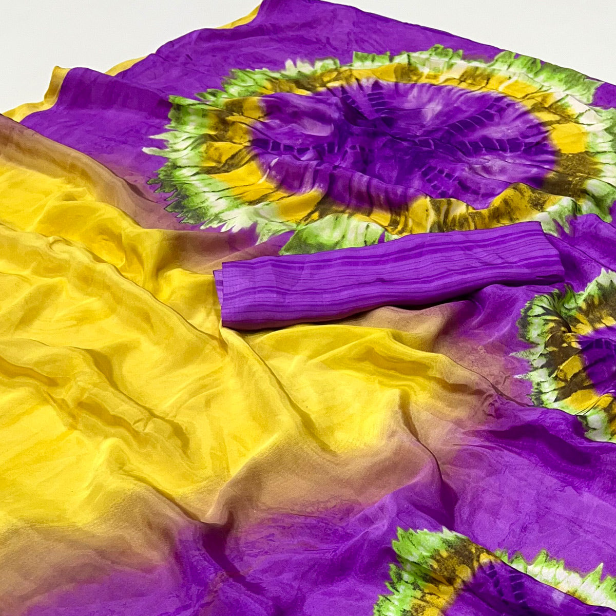 Purple & Yellow Printed Crepe Silk Saree