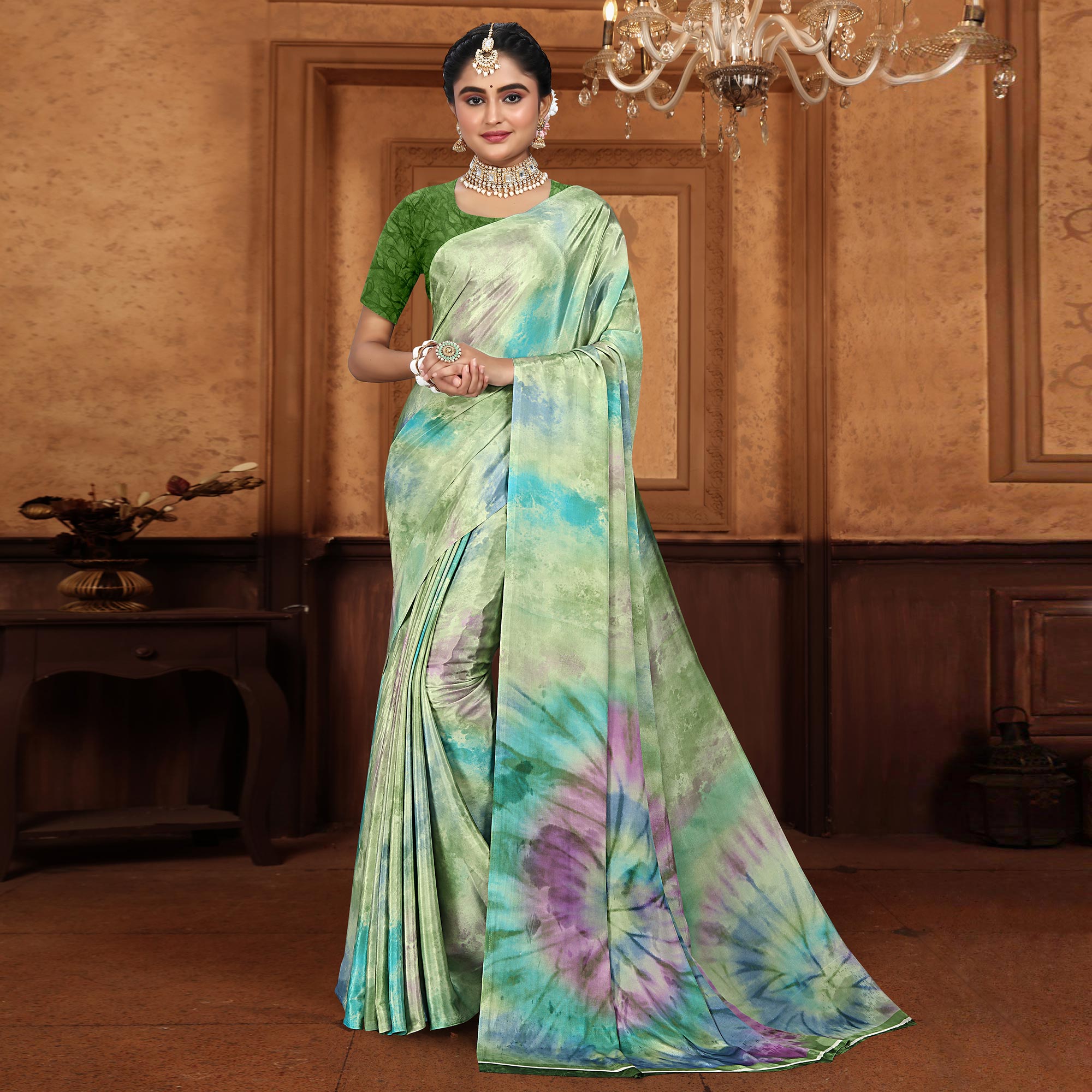 Green Printed Crepe Silk Saree