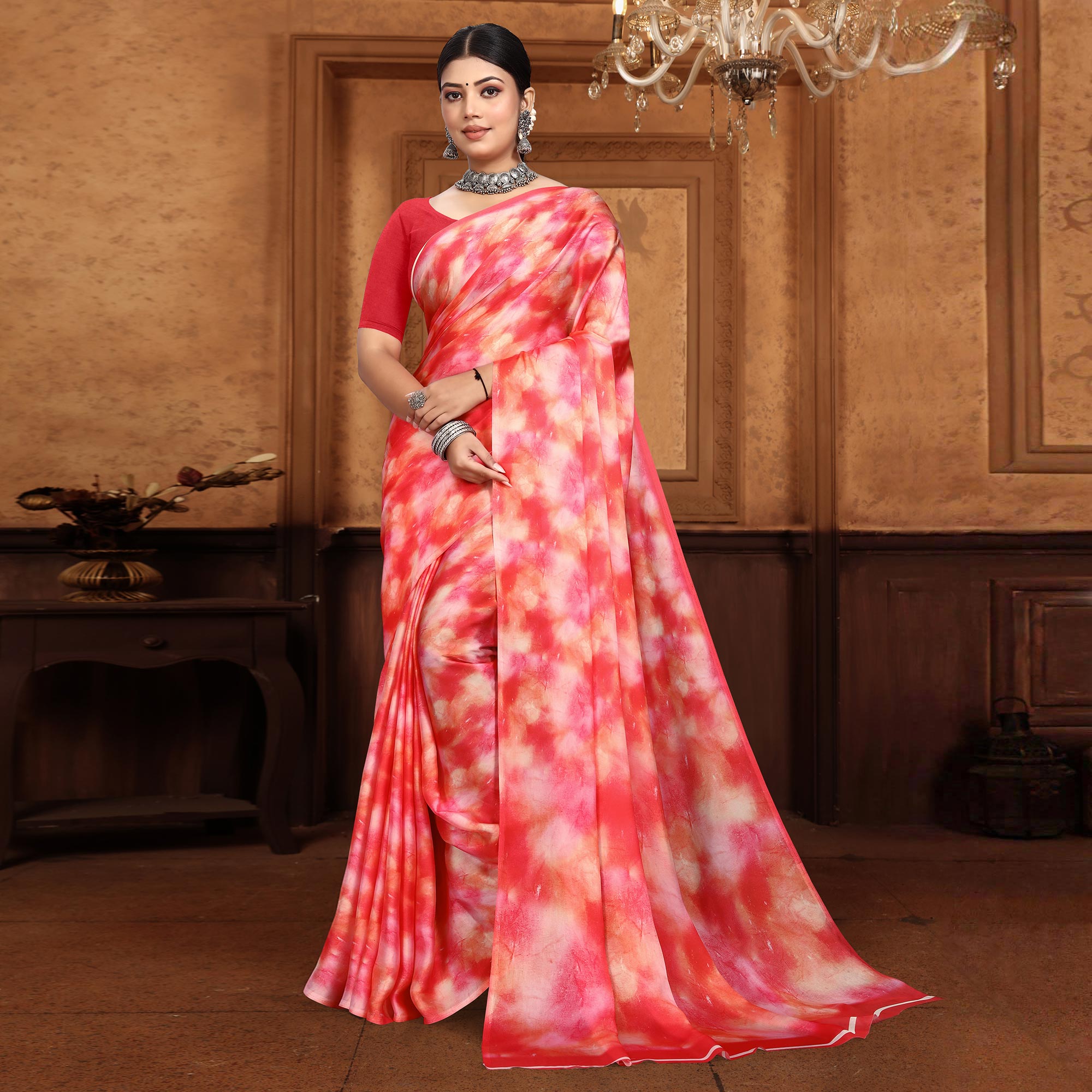 Rani Pink Abstract Digital Printed Georgette Saree