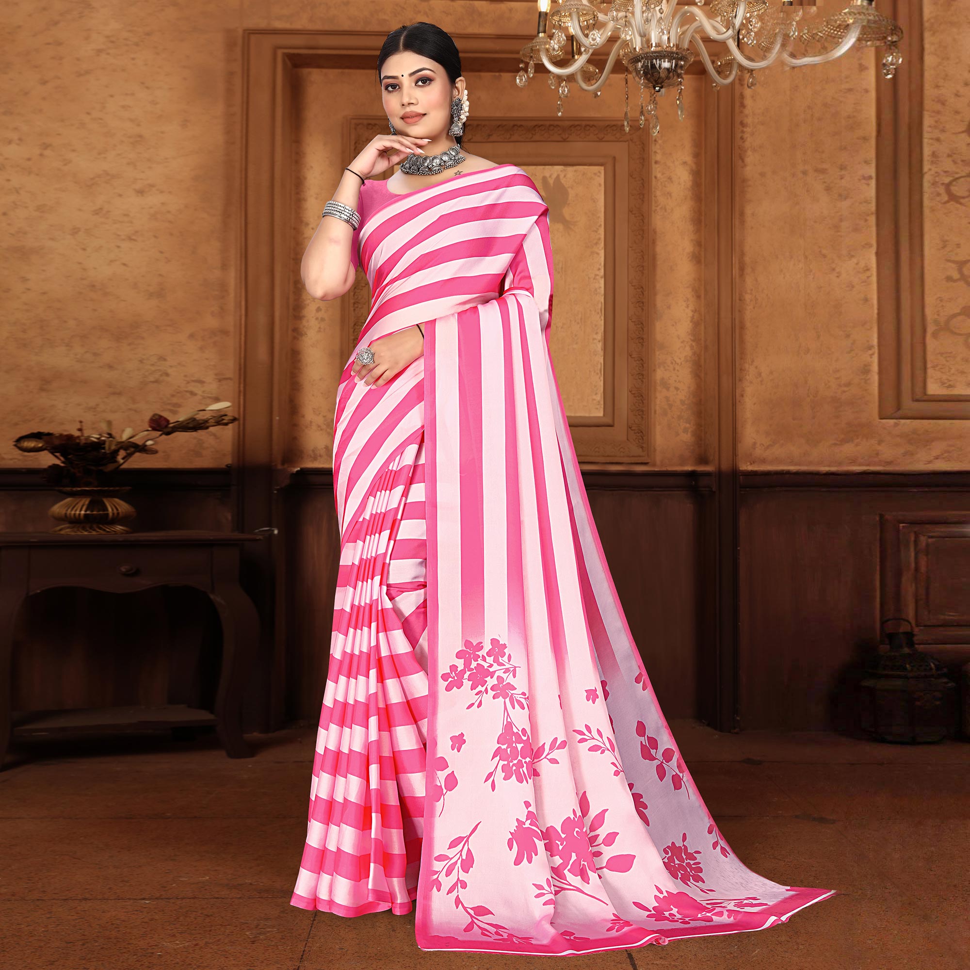 Pink Striped Digital Printed Georgette Saree