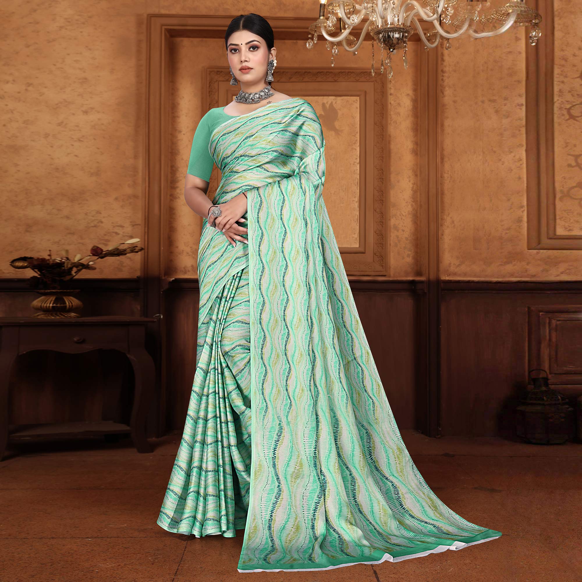 Green Zig Zag  Digital Printed Georgette Saree