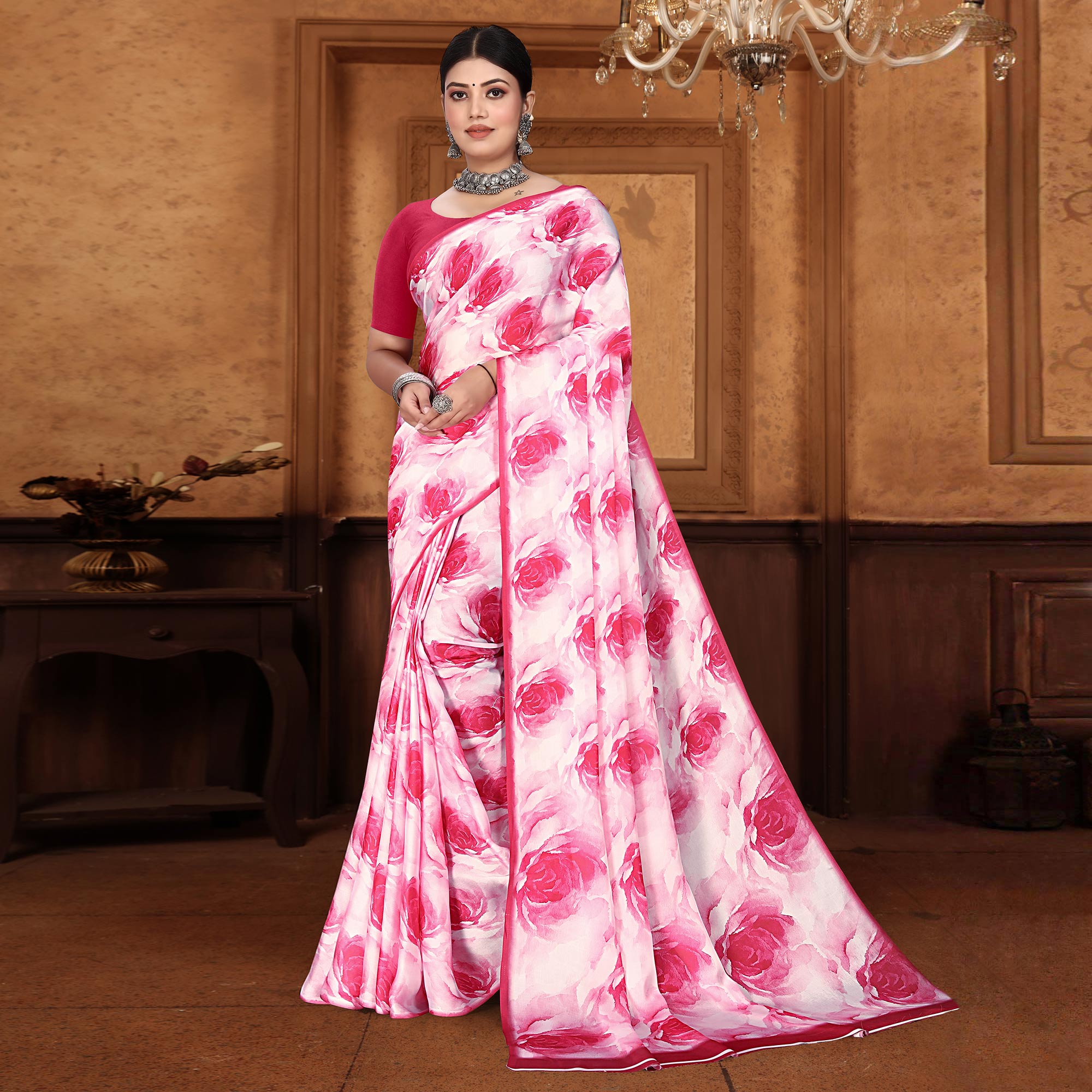 Pink Floral Digital Printed Georgette Saree