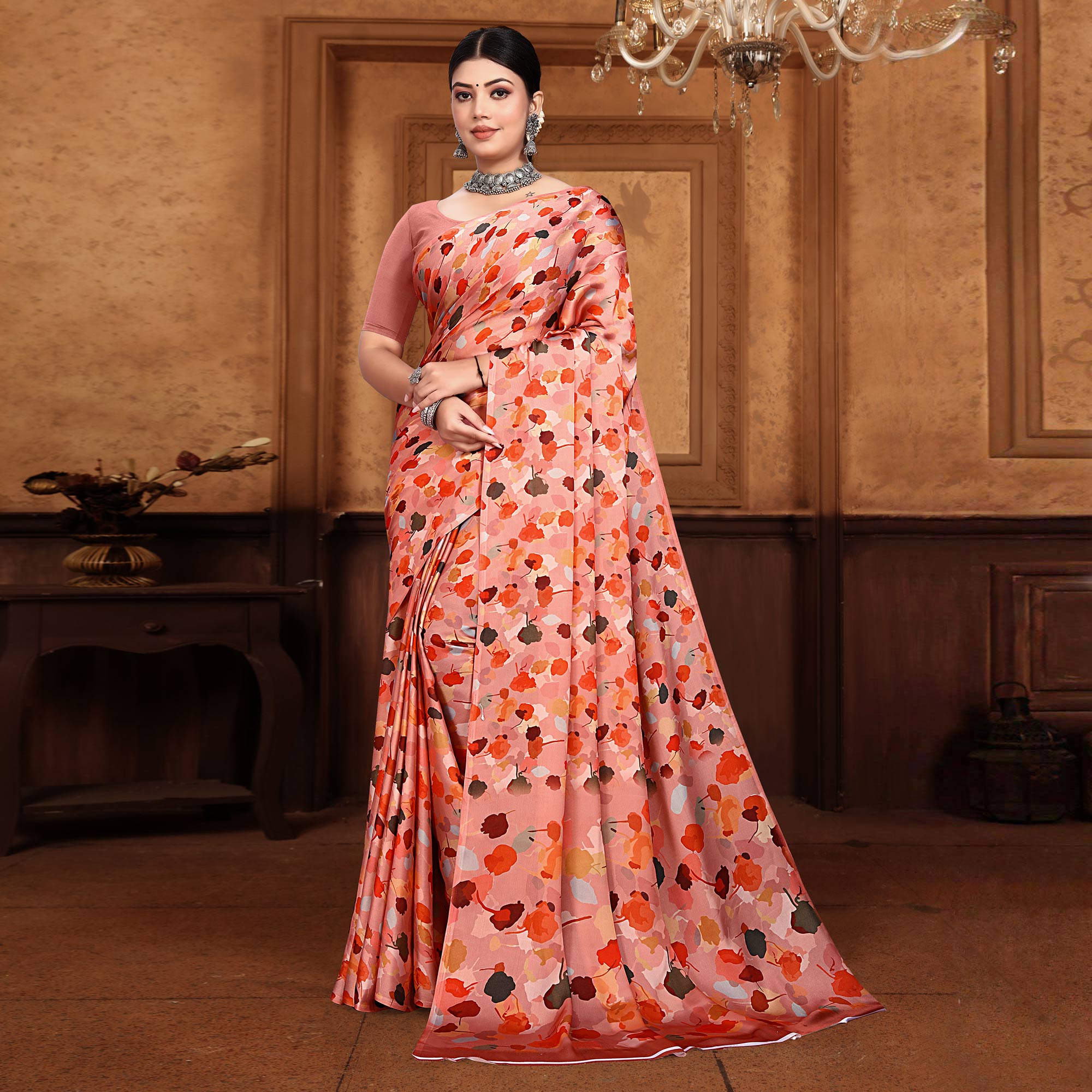 Peach Floral Digital Printed Georgette Saree