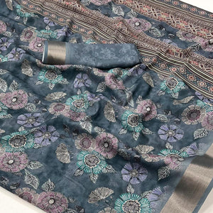Grey Floral Digital Printed Moss Georgette Saree With Zari Border