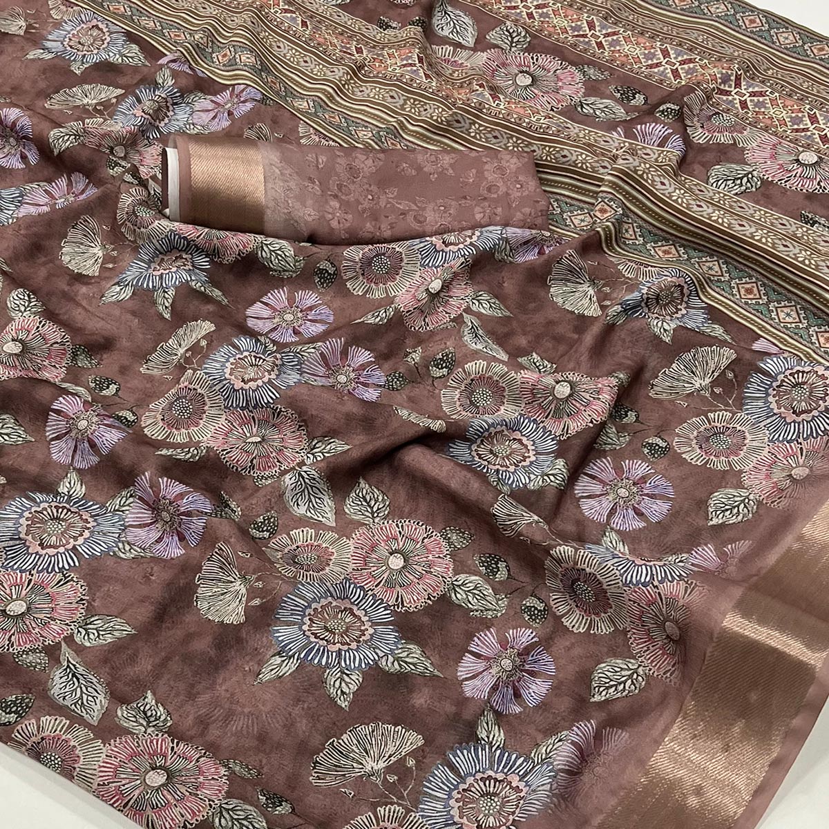 Brown Floral Digital Printed Moss Georgette Saree With Zari Border