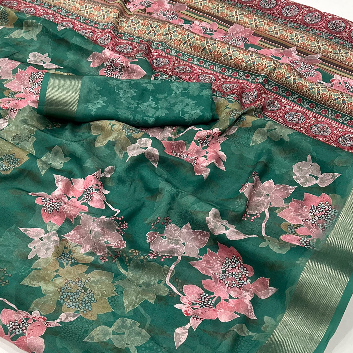 Rama Green Floral Digital Printed Moss Georgette Saree With Zari Border
