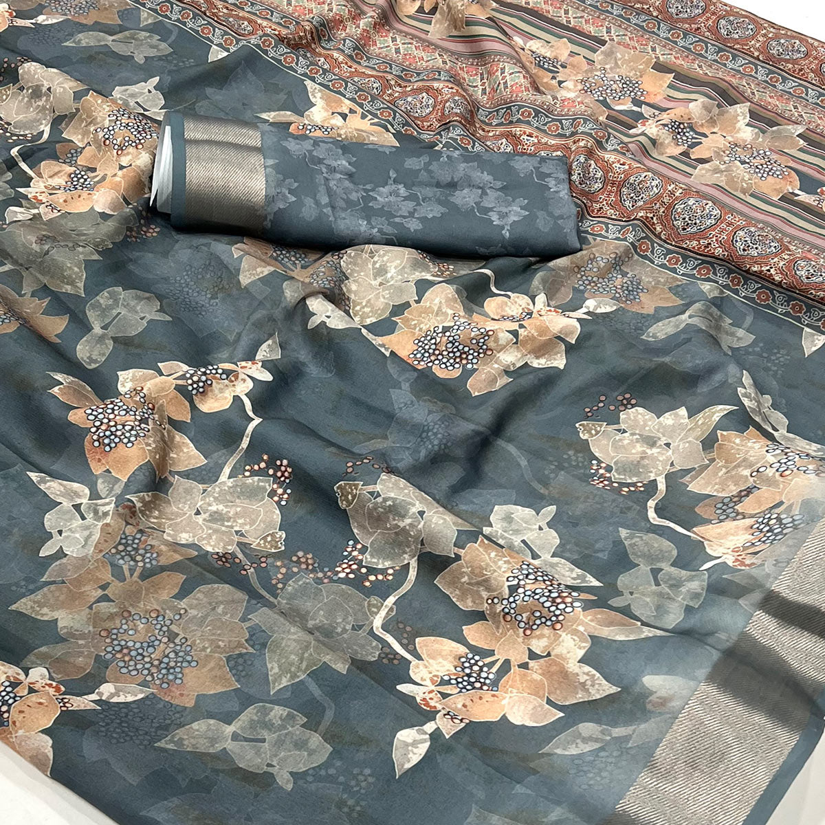 Grey Floral Digital Printed Moss Georgette Saree With Zari Border