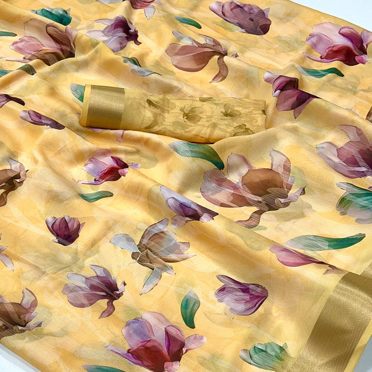 Yellow Floral Digital Printed Moss Georgette Saree With Zari Border