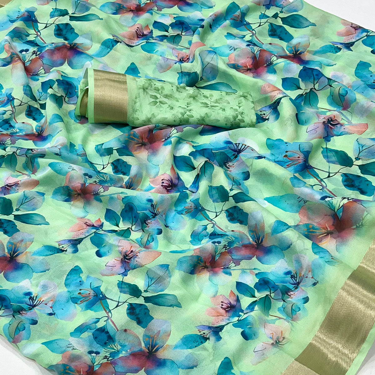 Sea Green Floral Digital Printed Moss Georgette Saree With Zari Border